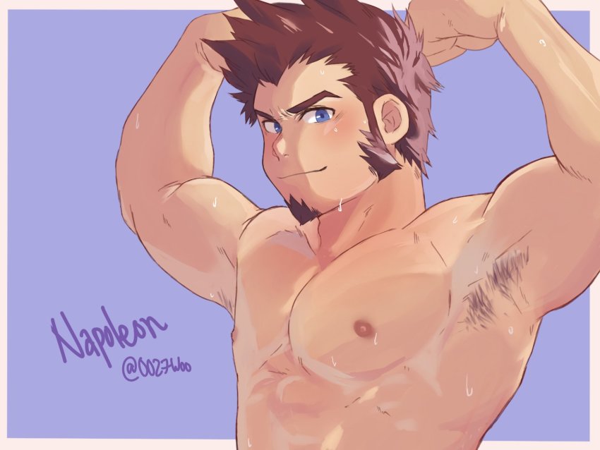 1boy armpit_hair armpits bara beard blue_eyes blush brown_hair facial_hair fate/grand_order fate_(series) flexing highres long_sideburns looking_at_viewer male_focus muscular napoleon_bonaparte_(fate) nipples pectorals scar sideburns simple_background smile solo sweat sweatdrop syaoran_(0027) topless_male upper_body