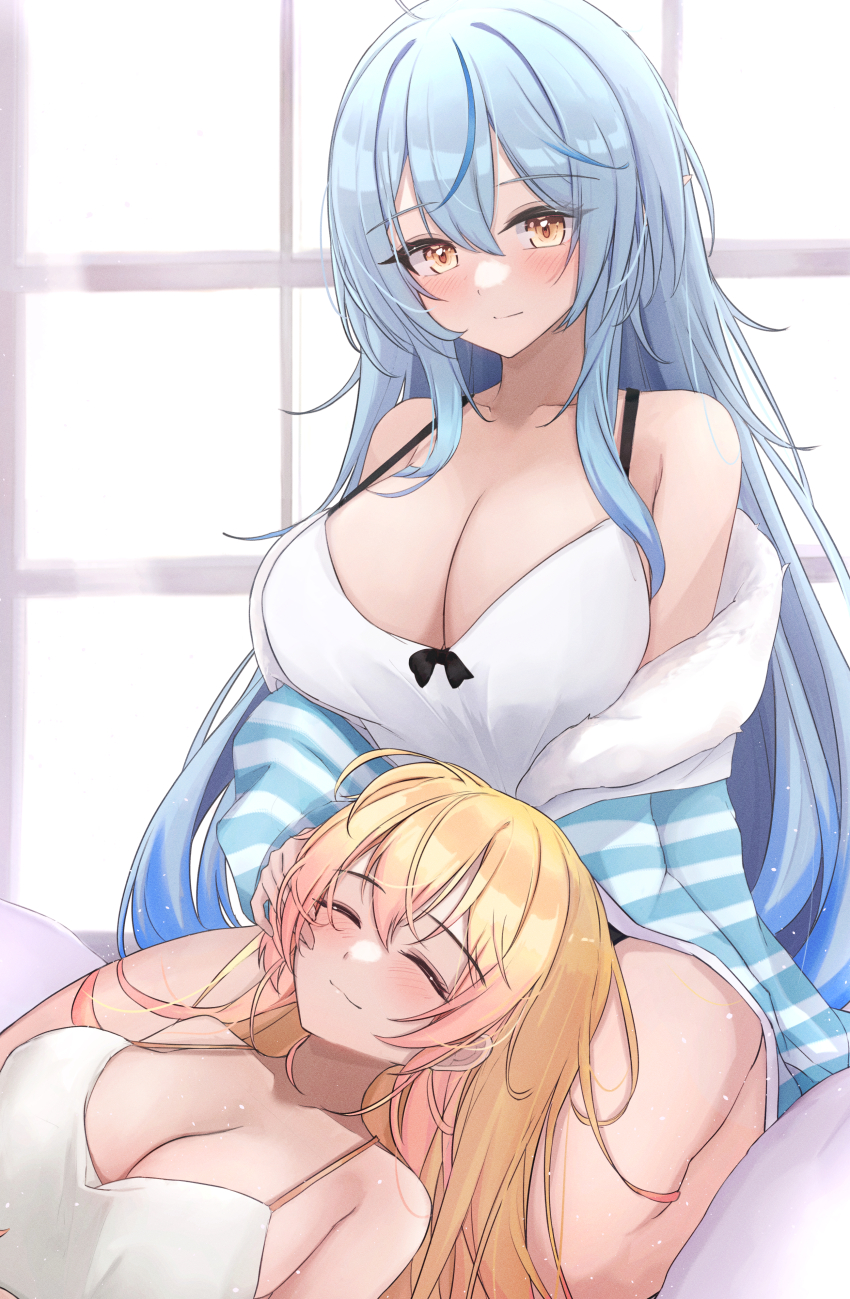 2girls absurdres bare_shoulders black_bow blonde_hair blue_hair blush bow breasts camisole cleavage closed_eyes closed_mouth collarbone colored_tips fur-trimmed_jacket fur_trim hand_on_another&#039;s_face highres hololive jacket kneeling lap_pillow large_breasts long_hair looking_at_viewer lying mofu07519 momosuzu_nene multicolored_hair multiple_girls off_shoulder on_back sidelocks smile spaghetti_strap virtual_youtuber white_camisole yellow_eyes yukihana_lamy