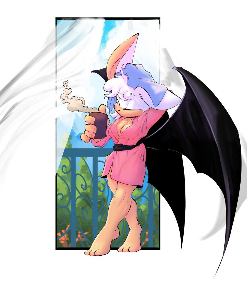 1girl absurdres animal_ears bare_legs bat_ears bat_girl breasts cleavage coffee_mug cup curtains furry furry_female highres mug noideasfornicks one_eye_closed robe rouge_the_bat solo sonic_(series) standing steam towel towel_on_head window wings