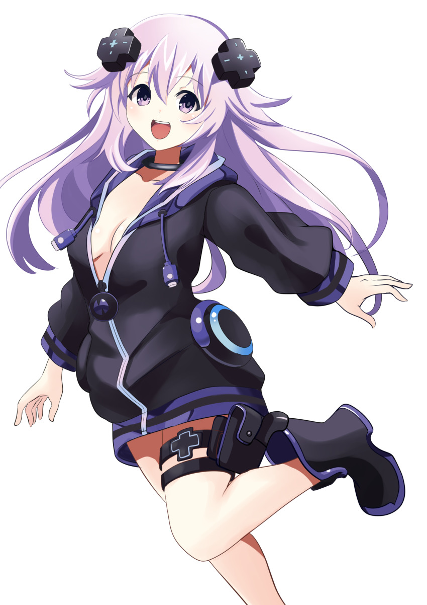 adult_neptune breasts choker cleavage hair_ornament hairclip happy highres hood hoodie joyful large_breasts long_hair manji_illust neptune_(neptunia) neptune_(series) open_mouth parka purple_eyes purple_hair shoes strap teeth thighs