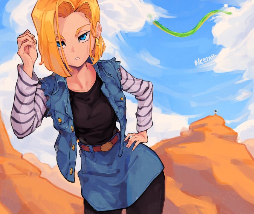 1girl android_18 artist_name belt belt_buckle black_pantyhose black_shirt blonde_hair blue_eyes blue_jacket blue_skirt brown_belt buckle commentary denim denim_jacket denim_skirt dragon_ball dragon_ball_(classic) earrings english_commentary hair_intakes hand_on_own_hip highres jacket jewelry long_sleeves looking_at_viewer nesian. pantyhose parted_lips pencil_skirt shirt short_hair skirt sleeveless sleeveless_jacket solo striped_sleeves