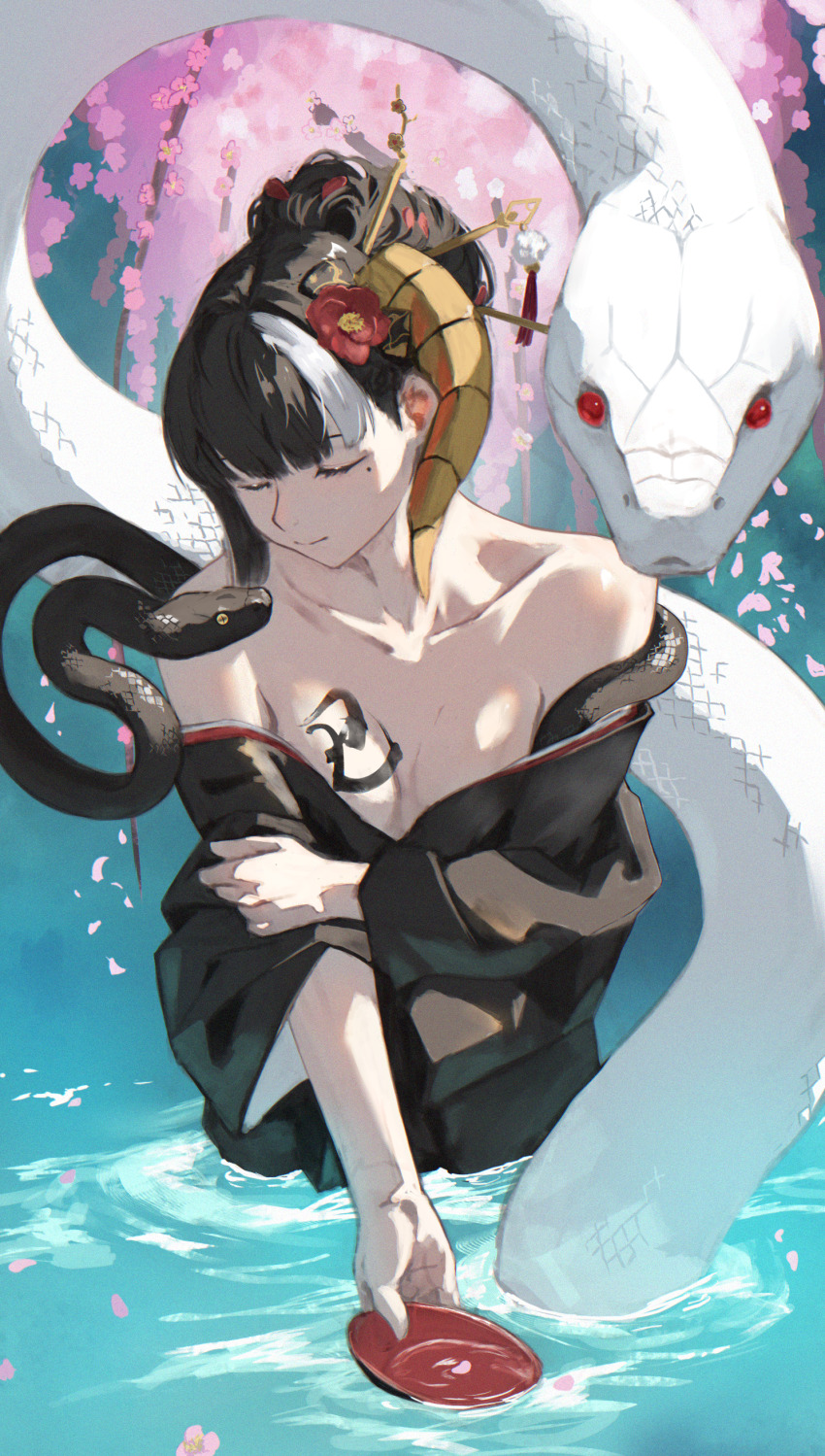 1girl absurdres black_hair black_kimono breast_tattoo breasts closed_eyes closed_mouth collarbone commentary cup english_commentary flower hair_flower hair_ornament hair_stick highres holding holding_cup japanese_clothes kimono medium_breasts mole mole_under_eye multicolored_hair off_shoulder original red_flower sakazuki shikyou_yoru smile snake solo streaked_hair tattoo wading white_hair