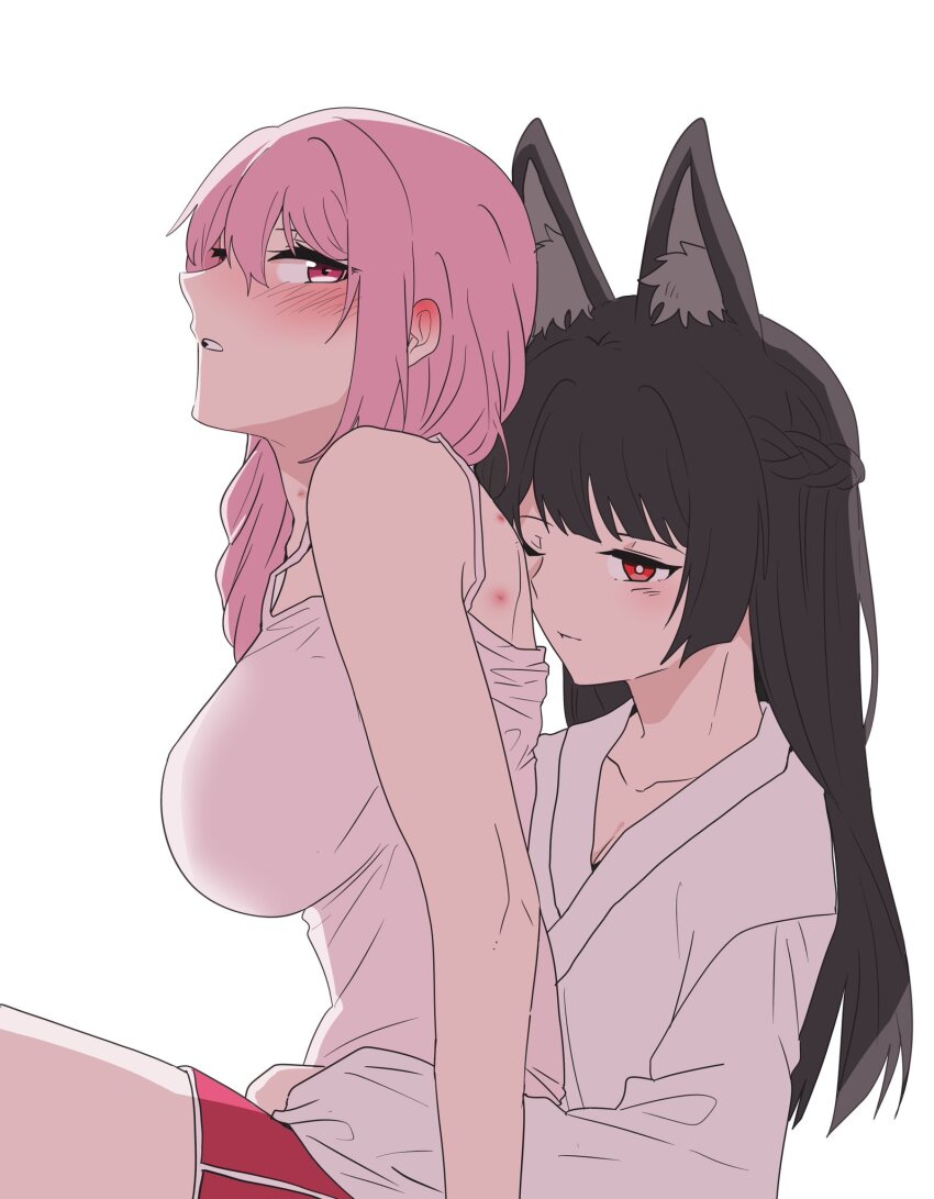 2girls animal_ear_fluff animal_ears black_hair blunt_bangs blush breasts closed_mouth collarbone cowboy_shot fox_ears fox_girl from_side hair_between_eyes hickey highres hoshimi_miyabi large_breasts long_hair multiple_girls ogenwn7 one_eye_closed open_mouth pink_eyes pink_hair red_eyes shirt sidelocks simple_background sleeveless sleeveless_shirt tsukishiro_yanagi white_background white_shirt yuri zenless_zone_zero