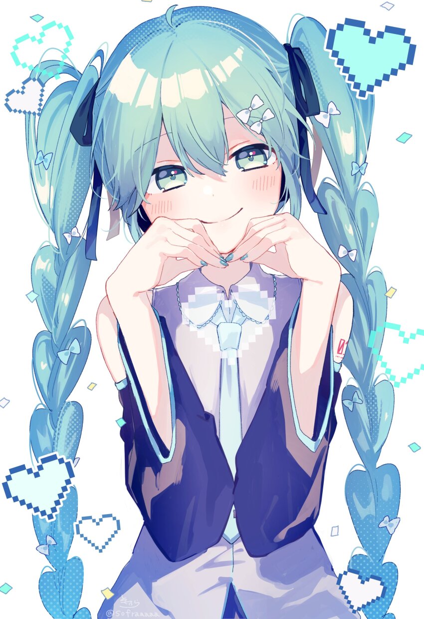 1girl absurdres black_sleeves blue_necktie bow braid closed_mouth collared_shirt commentary detached_sleeves english_commentary green_eyes green_hair grey_shirt hair_between_eyes hair_bow hands_up hatsune_miku head_tilt heart highres long_hair long_sleeves looking_at_viewer necktie pixelated shirt simple_background sleeveless sleeveless_shirt smile sofra solo twin_braids twintails upper_body very_long_hair vocaloid white_background white_bow wide_sleeves