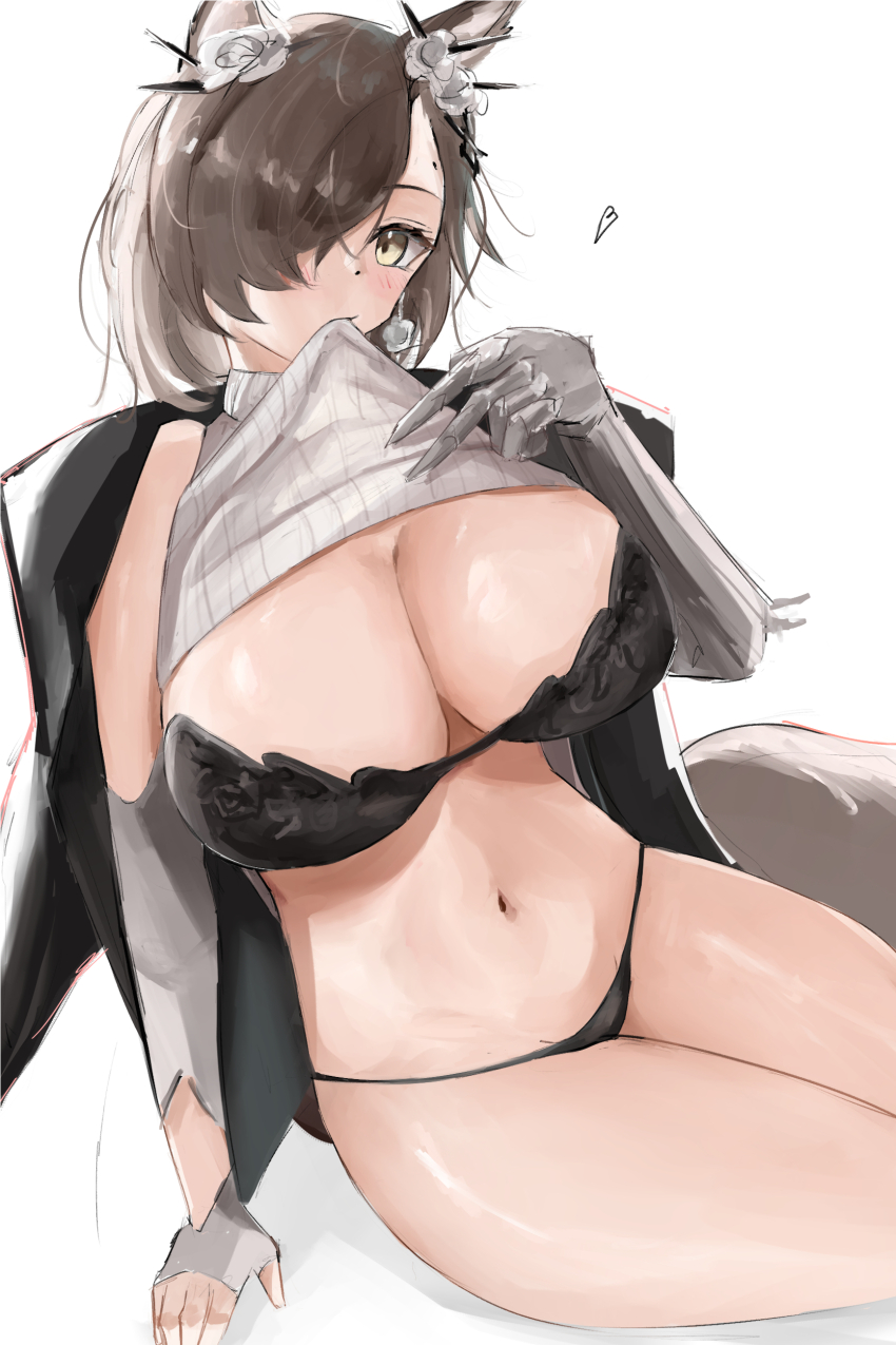 1girl absurdres animal_ear_fluff animal_ears arknights biting black_panties blush bra breasts brown_hair cleavage clothes_in_mouth doubleuww1 hair_over_one_eye heart highres jacket jacket_on_shoulders jewelry large_breasts long_hair long_sleeves looking_at_viewer mole mole_above_eye mouth_hold navel open_clothes panties penance_(arknights) shirt shirt_in_mouth simple_background solo sweater tail underwear v wolf_ears wolf_girl wolf_tail yellow_eyes