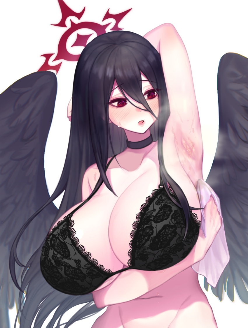 1girl absurdres arm_up armpit_crease armpits black_bra black_hair black_wings blue_archive bra breast_lift breast_rest breasts busty_female choker cleavage curvy facing_viewer hair_between_eyes halo hasumi_(blue_archive) highres huge_breasts large_breasts lee_jin_byeol long_hair looking_down looking_to_the_side mole mole_under_eye narrow_waist open_mouth red_eyes revealing_clothes simple_background solo steam steaming_body sweat tilted_head underwear underwear_only white_background wings wiping_sweat