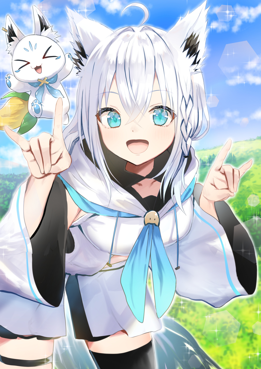 1girl absurdres aisu_(icicleshot) animal_ears aqua_eyes detached_sleeves highres hololive long_hair looking_at_viewer open_mouth outdoors shirakami_fubuki smile solo virtual_youtuber white_hair wolf_ears