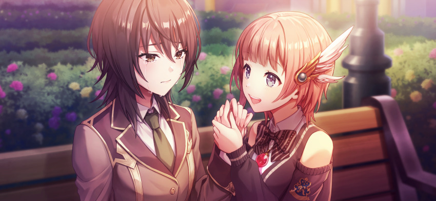 2girls :d absurdres atelier_(series) atelier_resleriana atelier_rorona bare_shoulders bench blazer blurry blurry_background bow brown_eyes brown_hair bush collared_shirt crying crying_with_eyes_open eren_k._st._burg feather_hair_ornament feathers flower green_necktie hair_ornament hand_up highres holding_hands jacket jewelry long_sleeves looking_at_another multiple_girls necklace necktie night non-web_source official_alternate_costume official_art on_bench open_mouth outdoors park_bench rorolina_frixell rorolina_frixell_(joyful_leader) school_uniform shirt short_hair smile streaming_tears tears upper_body white_shirt