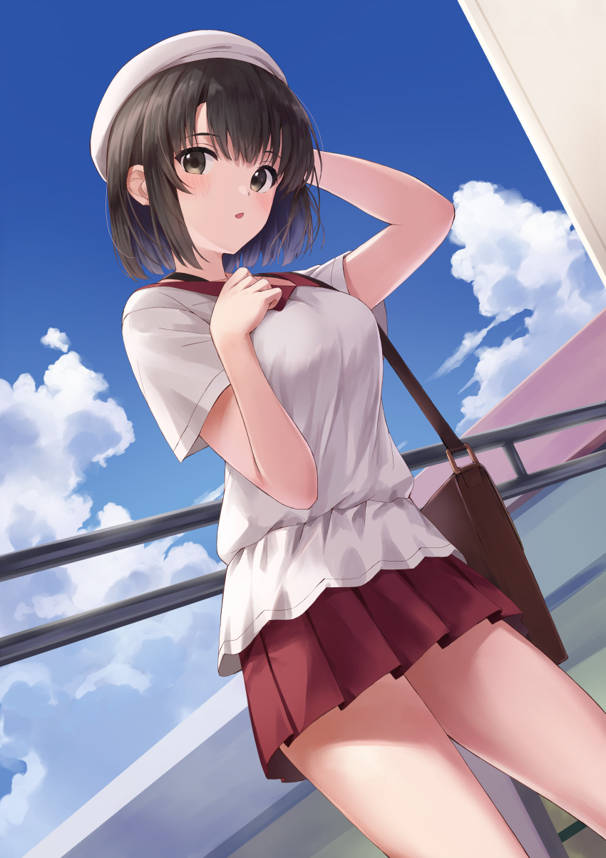 1girl :o absurdres arm_behind_head bag beret black_eyes black_hair blue_sky breasts cloud commentary_request cowboy_shot day dutch_angle hand_on_own_chest hat highres katou_megumi light_blush looking_at_viewer medium_breasts miniskirt outdoors parted_lips pleated_skirt red_skirt saenai_heroine_no_sodatekata shirt short_hair short_sleeves shoulder_bag skirt sky solo standing white_hat white_shirt yanagi_marie