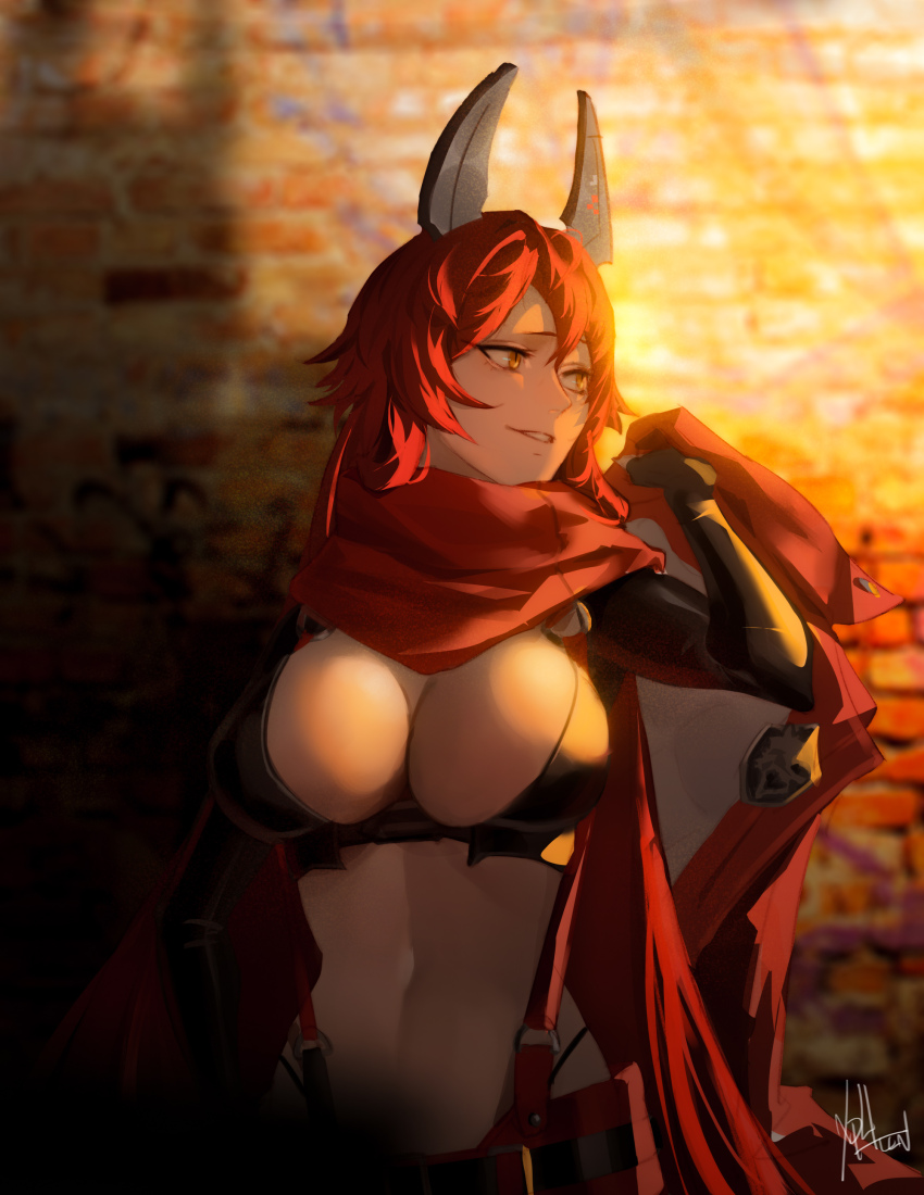 1girl absurdres black_gloves breasts commentary english_commentary gloves goddess_of_victory:_nikke highres horns large_breasts long_hair mechanical_horns red_hair red_hood_(nikke) signature slit_pupils solo xphlln