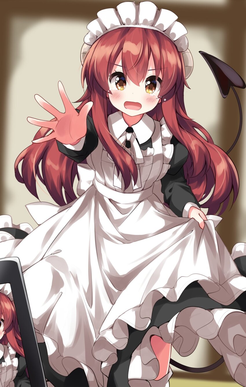 1girl alternate_costume apron black_dress blurry blurry_background blush cellphone collared_dress contrast_collar demon_girl demon_tail dress enmaided frilled_apron frilled_dress frills highres indoors juliet_sleeves long_hair long_sleeves looking_at_viewer machikado_mazoku maid maid_headdress neck_ribbon open_mouth phone pov puffy_sleeves reaching reaching_towards_viewer red_hair ribbon ruu_(tksymkw) smartphone socks solo_focus tail tears white_apron white_ribbon white_socks yellow_eyes yoshida_yuuko_(machikado_mazoku)