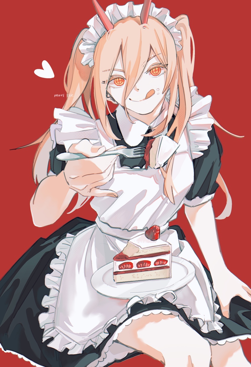 1girl absurdres alternate_costume alternate_hairstyle apron artist_name black_dress blonde_hair cake chainsaw_man closed_mouth collared_dress cross-shaped_pupils dress enmaided fingernails food food_on_face fork frilled_apron frills hair_between_eyes heart highres holding holding_fork horns ice_morinaka long_hair looking_at_viewer maid maid_apron maid_headdress plate power_(chainsaw_man) puffy_short_sleeves puffy_sleeves red_background red_horns short_sleeves sitting smile solo strawberry_cake symbol-shaped_pupils tongue tongue_out twintails white_apron yellow_eyes