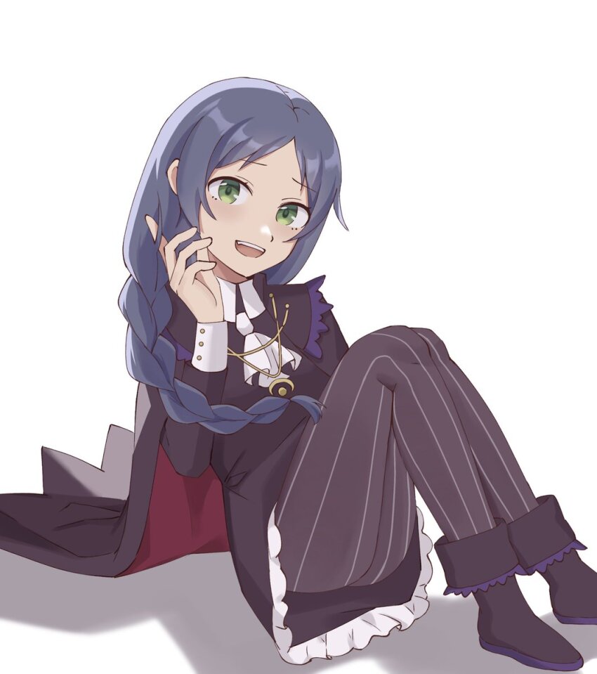 1girl black_dress black_footwear blue_hair cape dress full_body green_eyes hand_on_own_face highres long_hair long_sleeves meili_portroute open_mouth re:zero_kara_hajimeru_isekai_seikatsu sitting white_background