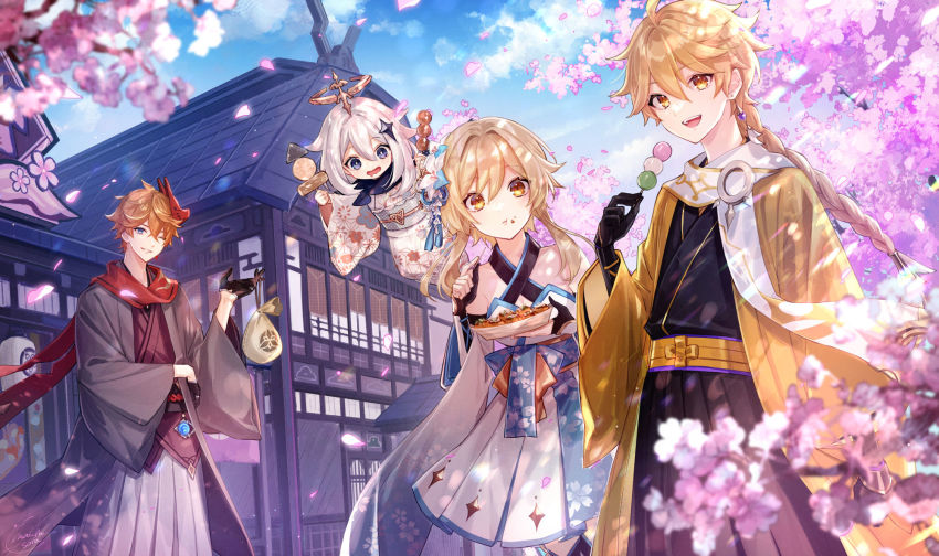 2boys 2girls aether_(genshin_impact) ahoge alternate_costume amaichi_esora bag bare_shoulders black_gloves blonde_hair blurry blurry_background blurry_foreground braid brother_and_sister cheerleader closed_mouth detached_sleeves dress floral_print food fox_mask genshin_impact gloves green_eyes hair_between_eyes hair_ornament hakama halo hands_up haori highres holding holding_food house japanese_clothes kimono lantern long_hair long_sleeves looking_at_viewer lumine_(genshin_impact) mask medium_hair multiple_boys multiple_girls obi one_eye_closed open_mouth orange_hair paimon_(genshin_impact) pout purple_eyes red_scarf sash scarf siblings sidelocks smile standing tartaglia_(genshin_impact) teeth upper_teeth_only white_hair white_kimono wide_sleeves