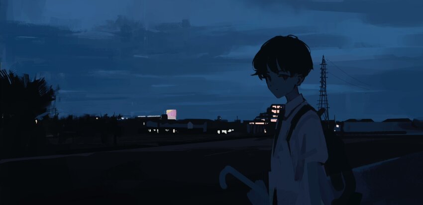 1boy backpack bag black_hair building city_lights collared_shirt dark dusk expressionless highres male_focus original orval outdoors overcast scenery shirt short_hair sky solo transmission_tower umbrella