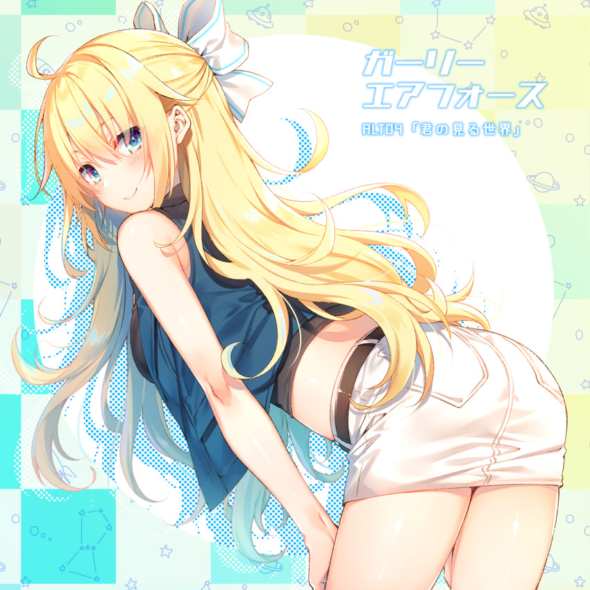 1girl ahoge armpit_crease bare_arms bare_shoulders belt bent_over black_shirt blonde_hair blue_eyes blue_vest blush breasts checkered_background closed_mouth cowboy_shot crop_top drop_shadow eagle_(girly_air_force) floating_hair girly_air_force hair_between_eyes hair_ribbon half_updo hands_on_own_thighs highres long_hair looking_at_viewer looking_back medium_breasts midriff miniskirt pencil_skirt ribbon shirt sidelocks skirt sleeveless sleeveless_shirt smile solo standing thighs toosaka_asagi vest white_ribbon white_skirt wing_collar