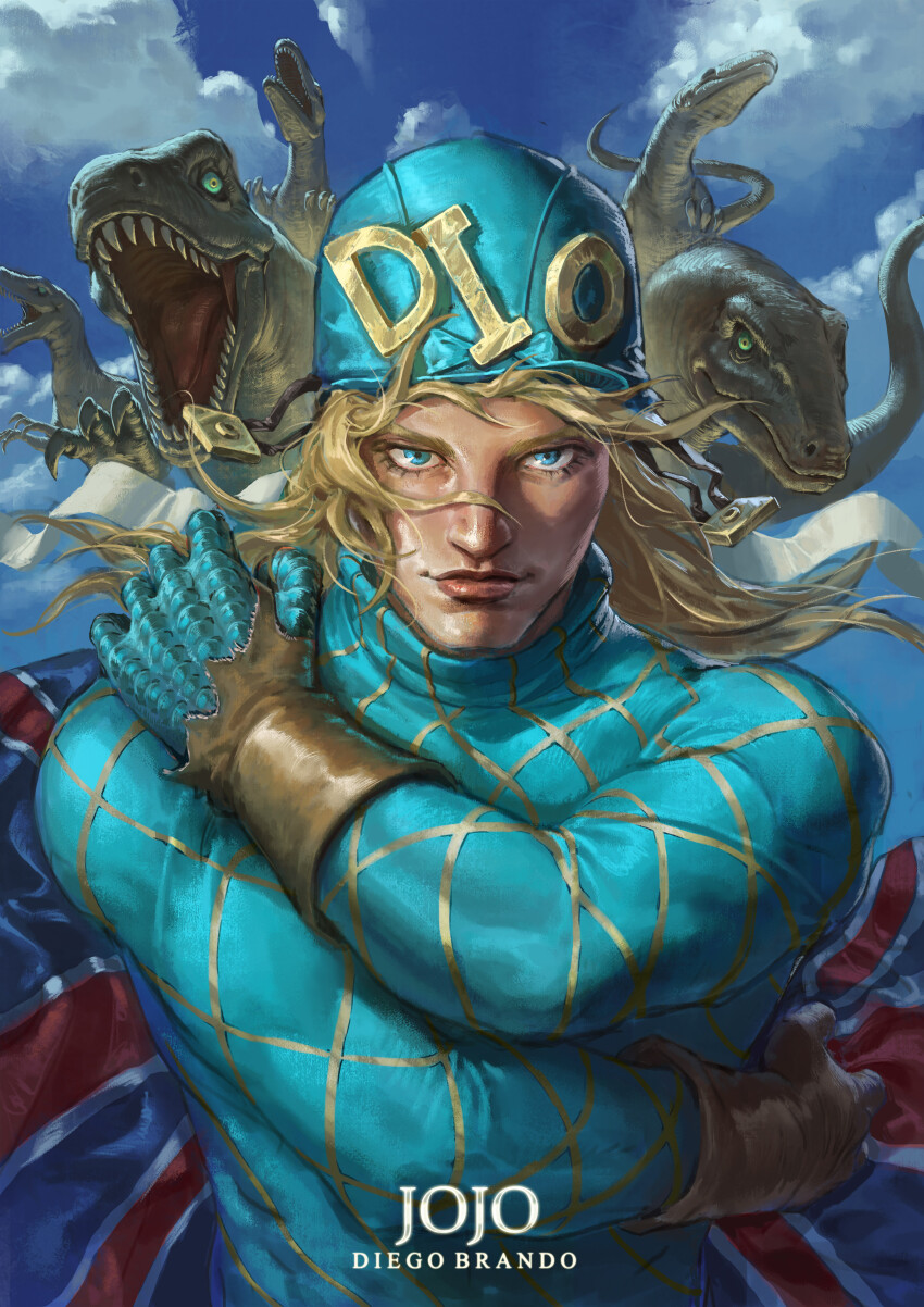 1boy absurdres aqua_eyes aqua_hat argyle_clothes blonde_hair brown_gloves character_name chinese_commentary closed_mouth commentary_request diego_brando dinosaur gloves hand_on_own_shoulder hat highres jojo_no_kimyou_na_bouken looking_at_viewer male_focus scary_monsters_(stand) solo stand_(jojo) steel_ball_run upper_body xiao-yang