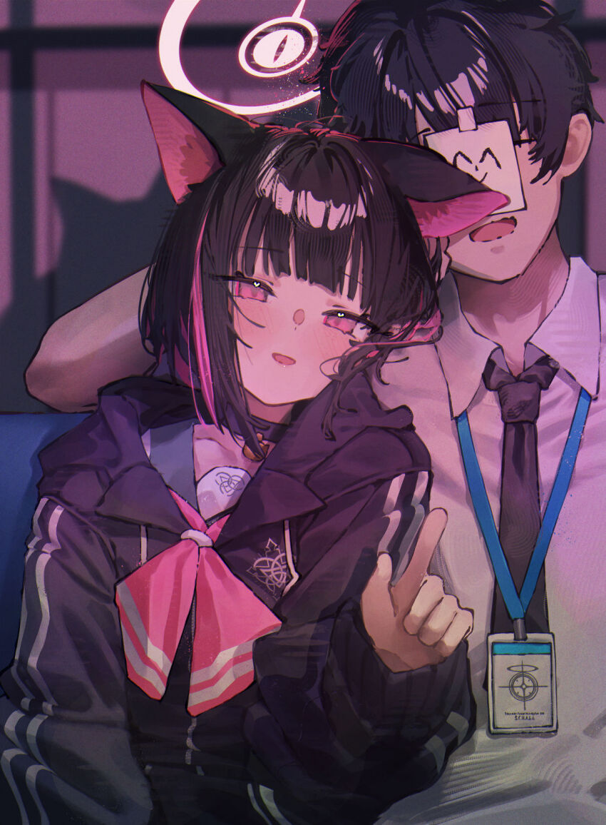 1boy 1girl animal_ears betabeet black_choker black_hair black_jacket black_necktie blue_archive blush cat_ears cat_girl choker collared_shirt colored_inner_hair commentary couch english_commentary halo happy hetero highres hood hood_down hooded_jacket id_card indoors jacket kazusa_(blue_archive) lanyard multicolored_hair neckerchief necktie on_couch parted_lips pink_eyes pink_hair pink_halo pink_neckerchief schale_logo sensei_(blue_archive) shirt short_hair sitting smile white_shirt