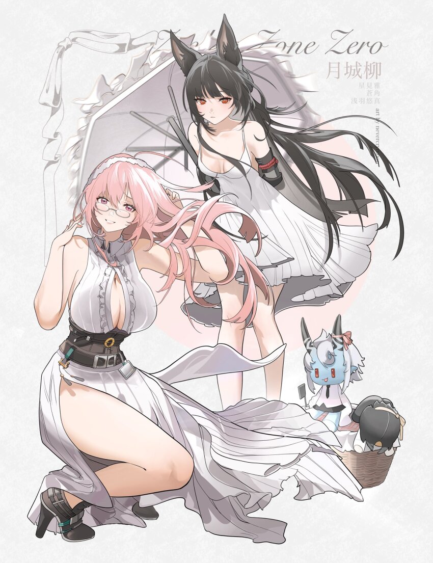 2girls alternate_costume animal_ears arm_behind_back artist_name asaba_harumasa bare_legs bare_shoulders basket black_footwear black_hair breasts bright_pupils character_doll character_name closed_mouth commentary copyright_name dress english_commentary fox_ears fox_girl glasses high_heels highres holding holding_umbrella hoshimi_miyabi large_breasts legs long_hair looking_at_viewer medium_breasts multiple_girls nevercrymoon pink_eyes pink_hair prosthesis prosthetic_arm red_eyes side_slit smile soukaku_(zenless_zone_zero) squatting tsukishiro_yanagi umbrella underbust very_long_hair white_dress white_pupils white_umbrella zenless_zone_zero