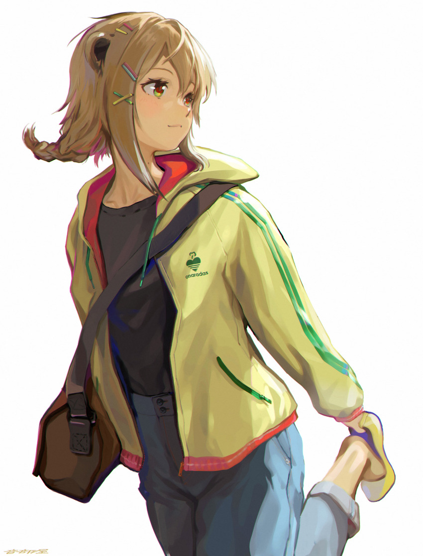 1girl absurdres adidas adjusting_footwear animal_ears bag bear_ears black_shirt blue_pants blush braid braided_ponytail breasts brown_bag brown_eyes brown_hair closed_mouth commentary expressionless foot_out_of_frame hair_ornament hairclip highres jacket konan_mia long_sleeves looking_afar looking_to_the_side medium_hair nanashi_inc. otobeya pants shirt shirt_tucked_in shoes sidelocks simple_background single_braid small_breasts solo virtual_youtuber white_background yellow_footwear yellow_jacket