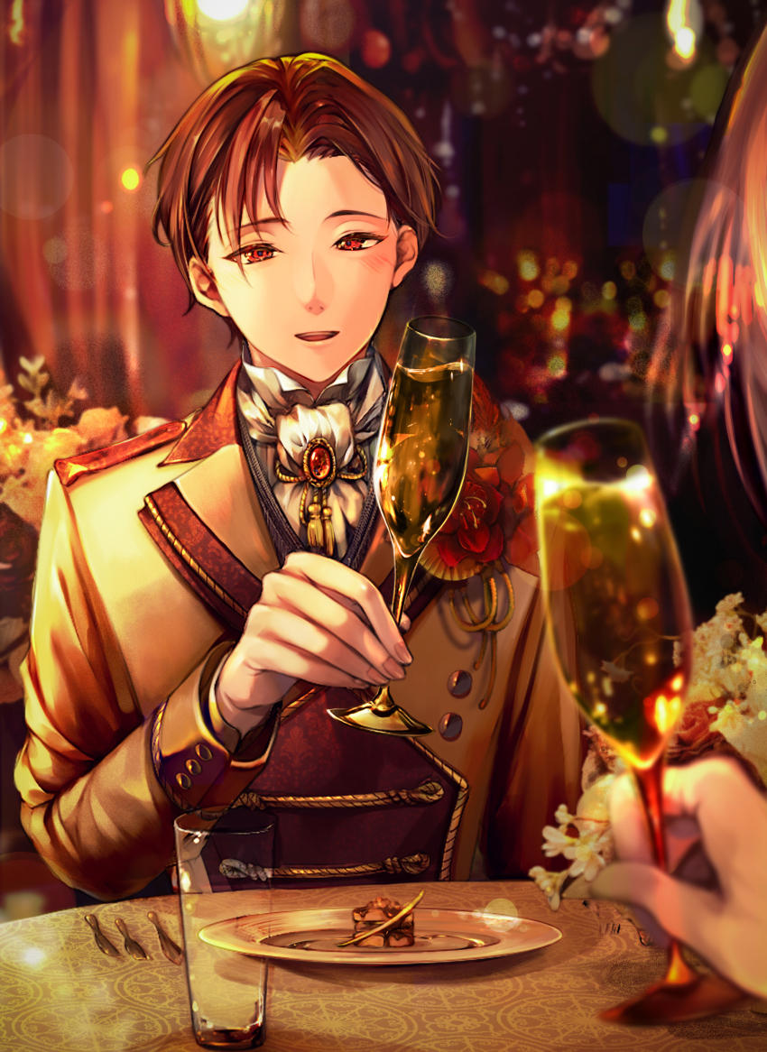 1boy 86_-eightysix- absurdres brown_hair brown_jacket champagne_flute cup drinking_glass flower food formal_clothes grey_hair highres holding holding_cup jacket lens_flare male_focus plate red_eyes shinei_nouzen shintake shirt smile solo_focus vladilena_millize white_flower white_shirt window