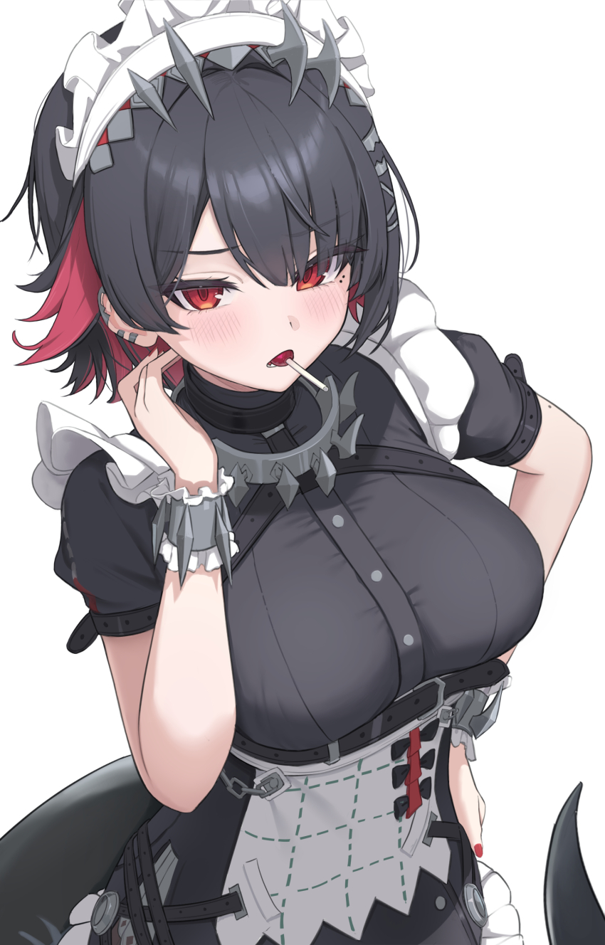 1girl absurdres black_dress black_hair blush breasts candy dress earrings ellen_joe fingernails fins fish_tail food food_in_mouth hairband hand_on_own_hip highres icetea_art jewelry large_breasts lollipop looking_at_viewer maid maid_headdress metal_hairband metal_wrist_cuffs mole mole_under_eye nail_polish open_mouth red_eyes red_nails shark_girl shark_tail short_hair simple_background solo spiked_hairband spikes tail white_background white_headdress zenless_zone_zero