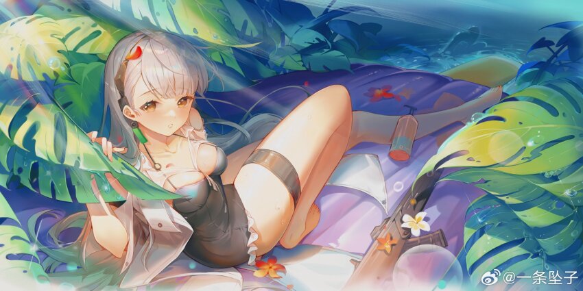 1girl ak-alfa_(girls&#039;_frontline) bad_link black_one-piece_swimsuit flower girls&#039;_frontline girls&#039;_frontline_2:_exilium grey_hair gun highres ocean official_alternate_costume one-piece_swimsuit swimsuit tree weapon yellow_eyes zukiyn