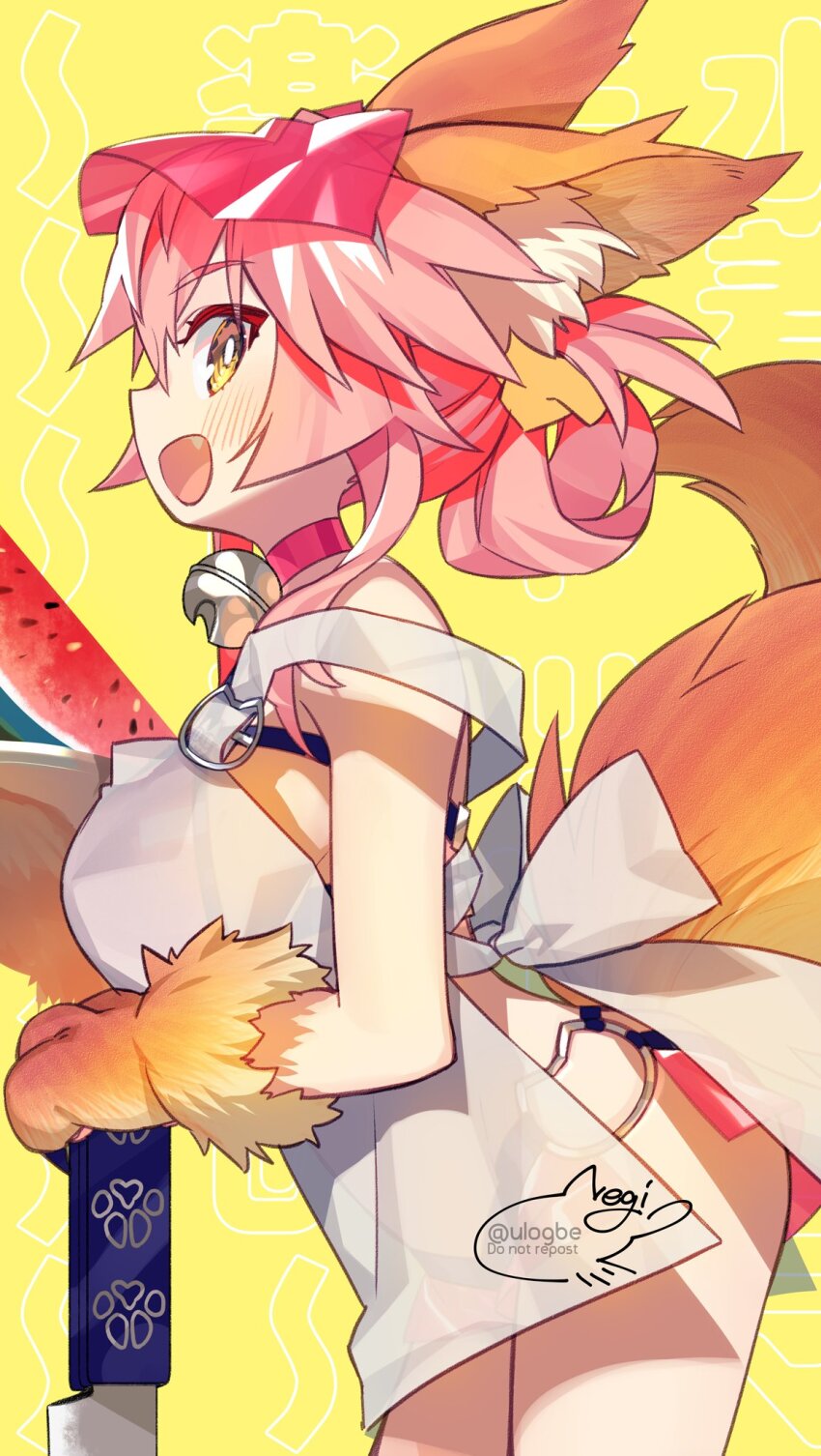 1girl animal_ear_fluff animal_ears animal_hands apron bare_shoulders bell blush breasts collar fate/grand_order fate_(series) folded_ponytail food fox_ears fox_girl fox_tail fruit gloves hair_between_eyes hat highres jingle_bell knife large_breasts long_hair looking_at_viewer naked_apron neck_bell negi_(ulog&#039;be) open_mouth paw_gloves pink_hair plate red_hat sidelocks smile solo tail tamamo_(fate) tamamo_cat_(fate) thighhighs thighs visor_cap watermelon watermelon_slice white_apron yellow_eyes