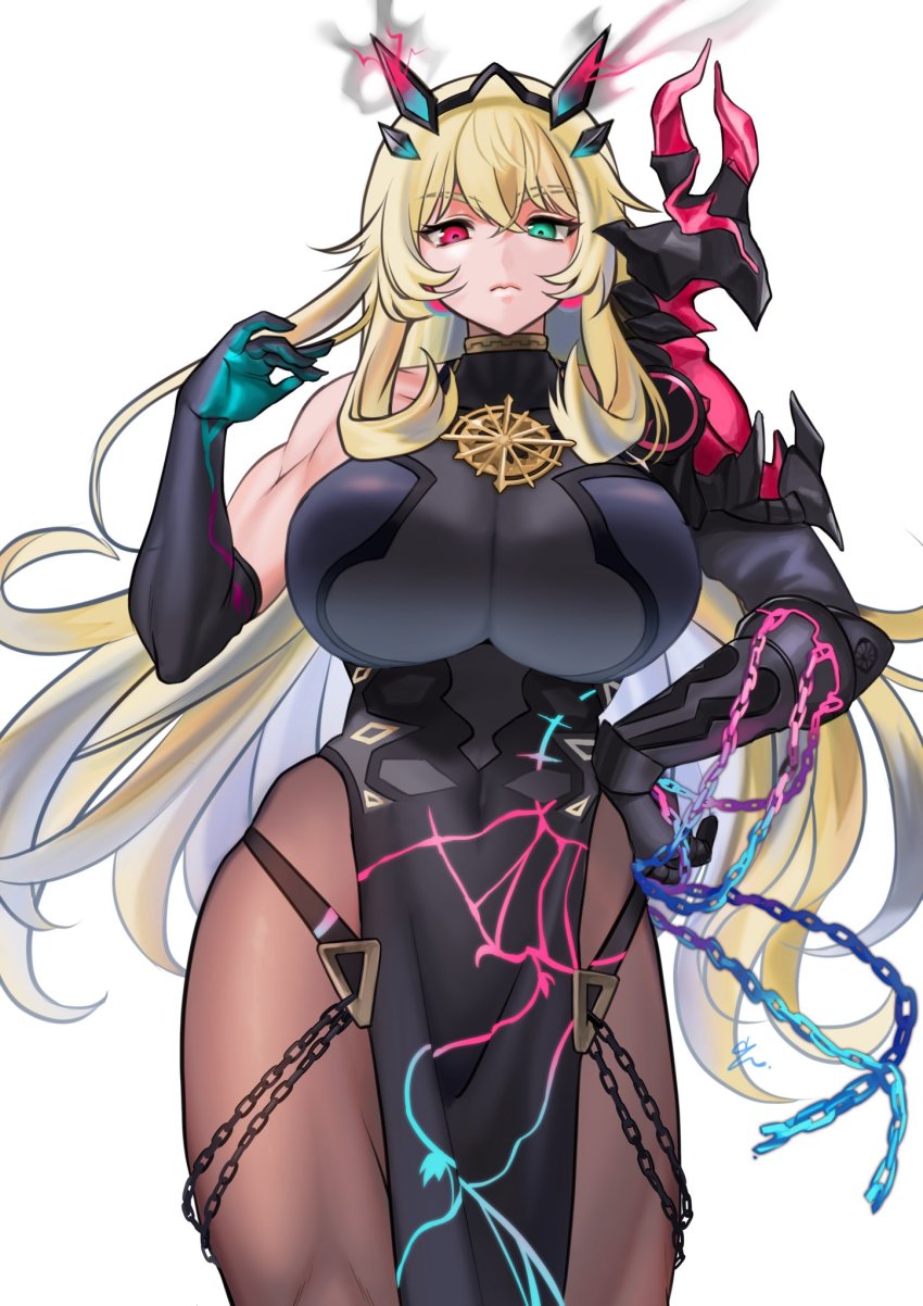 1girl asamitsu_(n_morninglight) barghest_(fate) barghest_(second_ascension)_(fate) blonde_hair bodystocking breasts cowboy_shot fate/grand_order fate_(series) green_eyes heterochromia highres horns huge_breasts long_hair looking_at_viewer muscular muscular_female n_morninglight pantyhose pelvic_curtain red_eyes solo