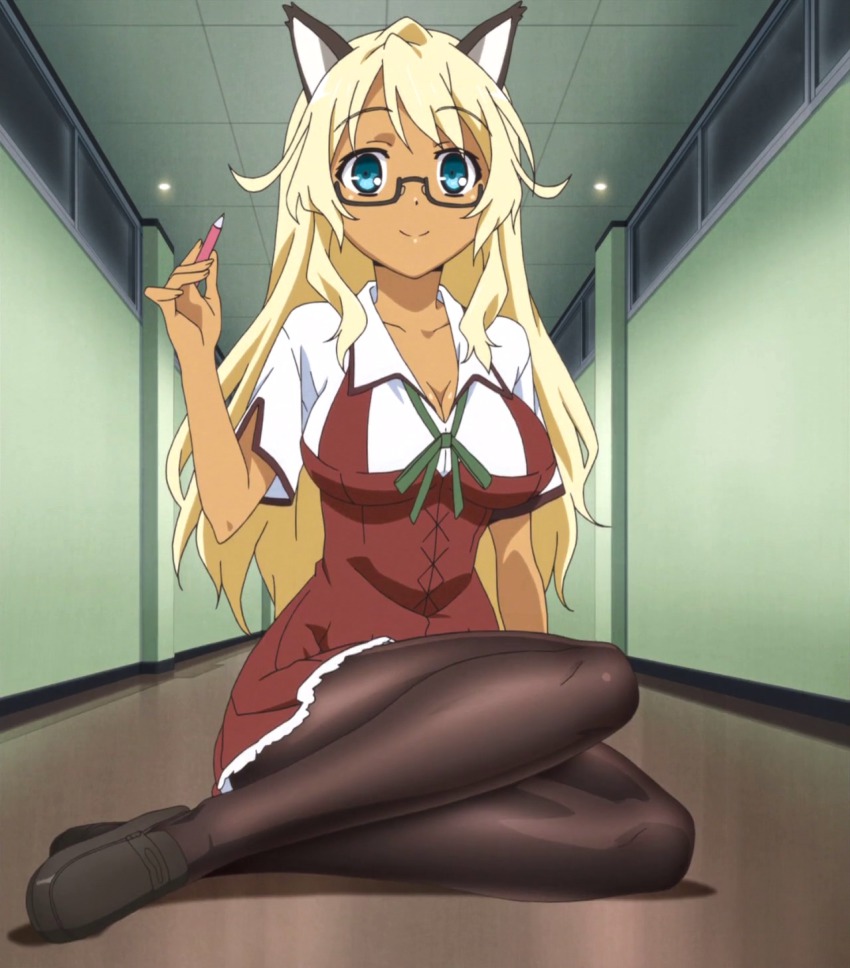 1girl animal_ears anime_screenshot blonde_hair blue_eyes breasts brown_pantyhose cat_ears cleavage dark-skinned_female dark_skin female_focus full_body glasses highres large_breasts legs long_legs mayo_chiki! narumi_nakuru pantyhose pen school_uniform solo stitched third-party_edit