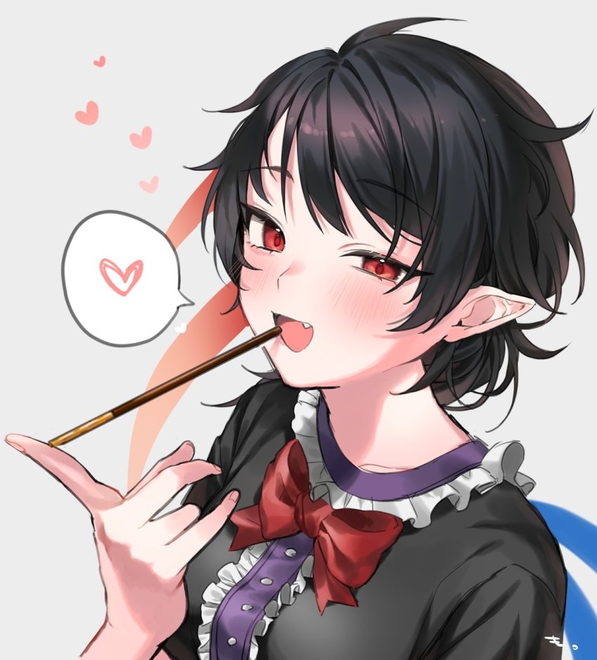 1girl :d asymmetrical_wings black_dress black_hair bow bowtie center_frills dress fang food food_in_mouth frills half-closed_eyes heart highres houjuu_nue makita_(vector1525) open_mouth pocky pocky_in_mouth pointy_ears red_bow red_bowtie red_eyes smile solo spoken_heart touhou uneven_eyes wings