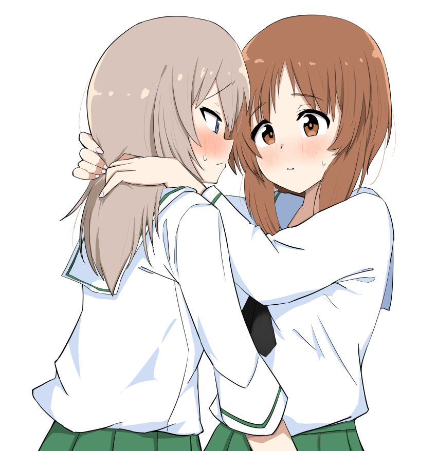 2girls absurdres black_neckerchief blush brown_eyes brown_hair chaarai closed_mouth commentary_request eye_contact girls_und_panzer green_skirt grey_hair hands_on_another&#039;s_neck highres itsumi_erika long_hair looking_at_another medium_hair multiple_girls neckerchief nishizumi_miho ooarai_school_uniform parted_lips pleated_skirt sailor_collar school_uniform serafuku shirt simple_background skirt white_background white_sailor_collar white_shirt yuri