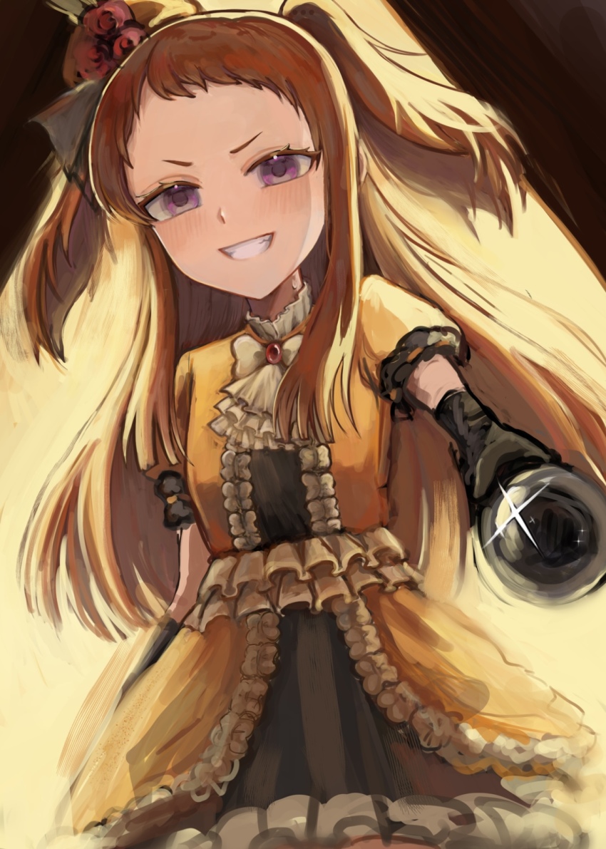 1girl arm_at_side artist_request breasts brown_hair chest_jewel child clenched_hand clenched_teeth dress elbow_gloves evil_smile eyelashes fang female_focus flower_hair_ornament forehead frilled_dress frills gloves grin hair_ornament highres idol idolmaster idolmaster_cinderella_girls koseki_reina long_hair looking_at_viewer microphone namco neck neckerchief official_alternate_hairstyle outstretched_hand purple_eyes short_bangs short_sleeves sidelocks small_breasts smile stage_lights standing teeth twintails v-shaped_eyebrows yellow_dress