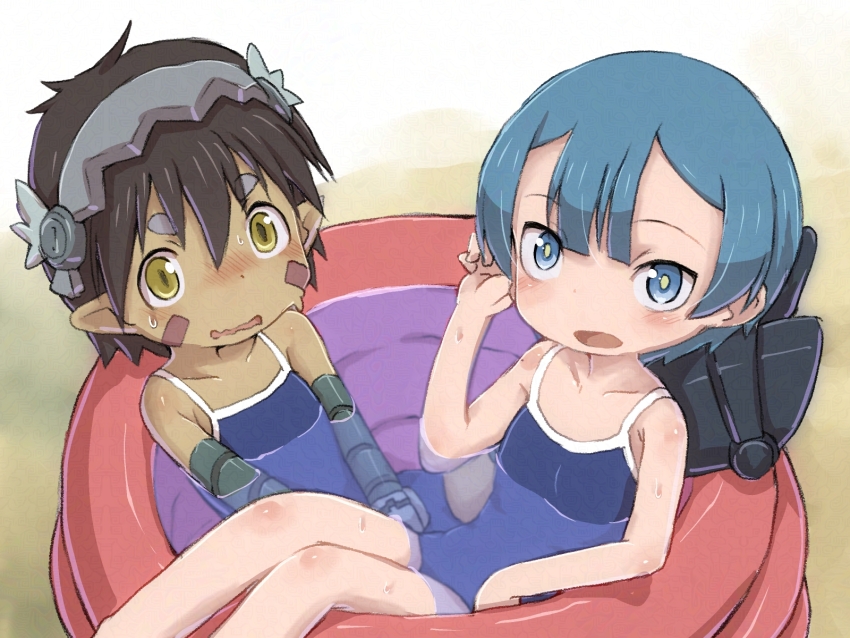 2boys blue_eyes blue_hair blue_one-piece_swimsuit blush brown_hair crossdressing feet_out_of_frame highres looking_at_viewer made_in_abyss male_focus maruruk mechanical_arms multiple_boys nose_blush one-piece_swimsuit open_mouth reg_(made_in_abyss) short_hair sitting swimsuit thick_eyebrows trap wading_pool ximu_shilang yellow_eyes