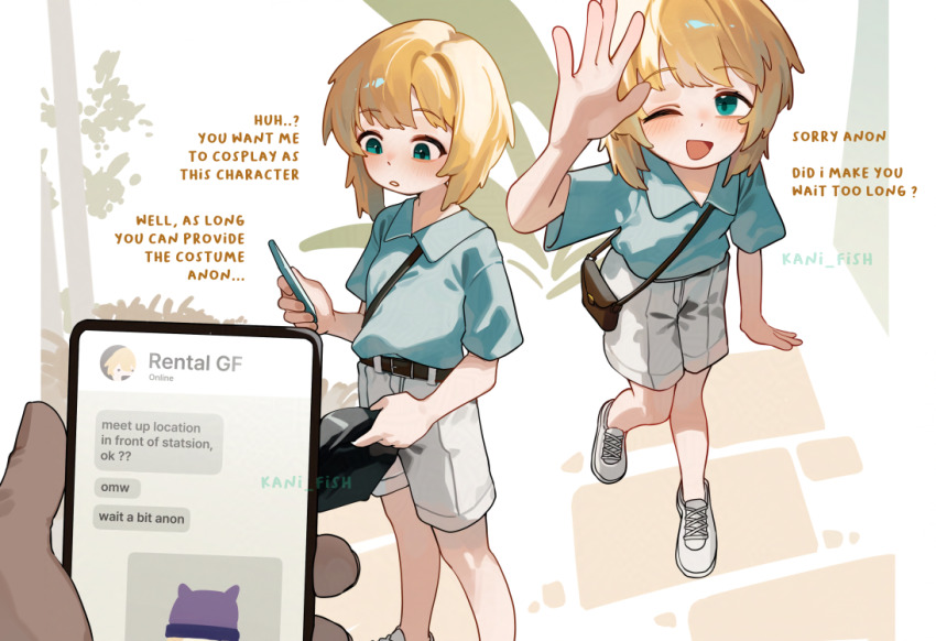 1boy 1girl blonde_hair blue_eyes blue_shirt cellphone commentary english_commentary english_text holding holding_phone kani_fish multiple_views original phone shirt short_hair short_sleeves shorts smartphone white_shorts