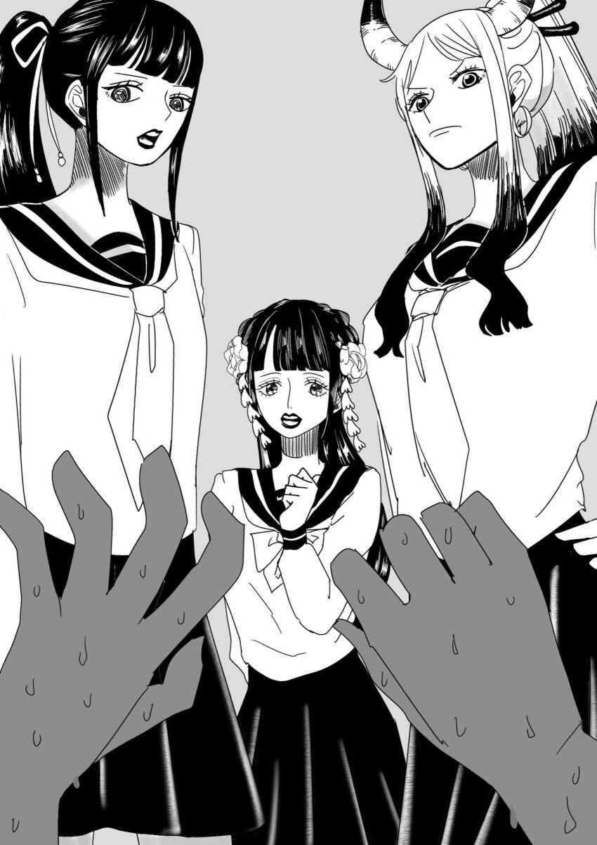 blunt_bangs closed_mouth commentary_request earrings eyelashes greyscale hair_ornament hair_ribbon hand_on_own_hip highres horns jewelry kikunojo_(one_piece) kouzuki_hiyori lipstick looking_at_viewer makeup monochrome necktie one_piece ponytail ribbon sailor_collar school_uniform sidelocks skirt tenteko_mm yamato_(one_piece)