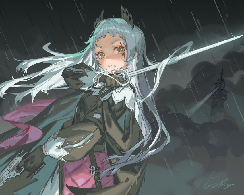 1girl absurdres arknights black_dress black_gloves chinese_commentary commentary_request cowboy_shot dress gloves grey_eyes grey_hair gun handgun highres holding holding_gun holding_sword holding_weapon irene_(arknights) long_hair long_sleeves looking_at_viewer night outdoors parted_lips rain rapier rui_(gsr1982) scar scar_across_eye signature solo standing strap sword weapon wet