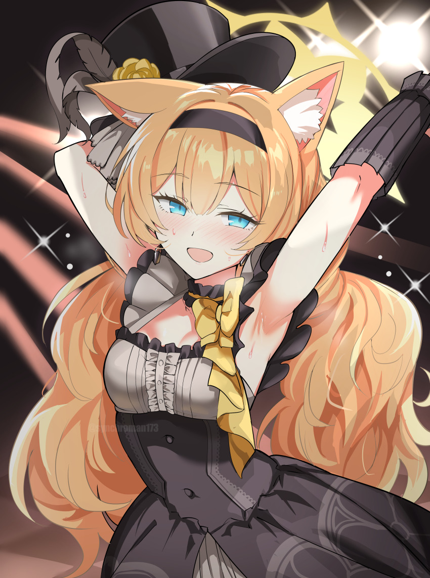 1girl absurdres animal_ears armpit_crease armpits arms_up black_dress blue_archive blue_eyes cat_ears cat_girl dress halo hat highres looking_at_viewer mari_(blue_archive) mari_(idol)_(blue_archive) orange_hair sleeveless sleeveless_dress smile solo sweat synchroman top_hat