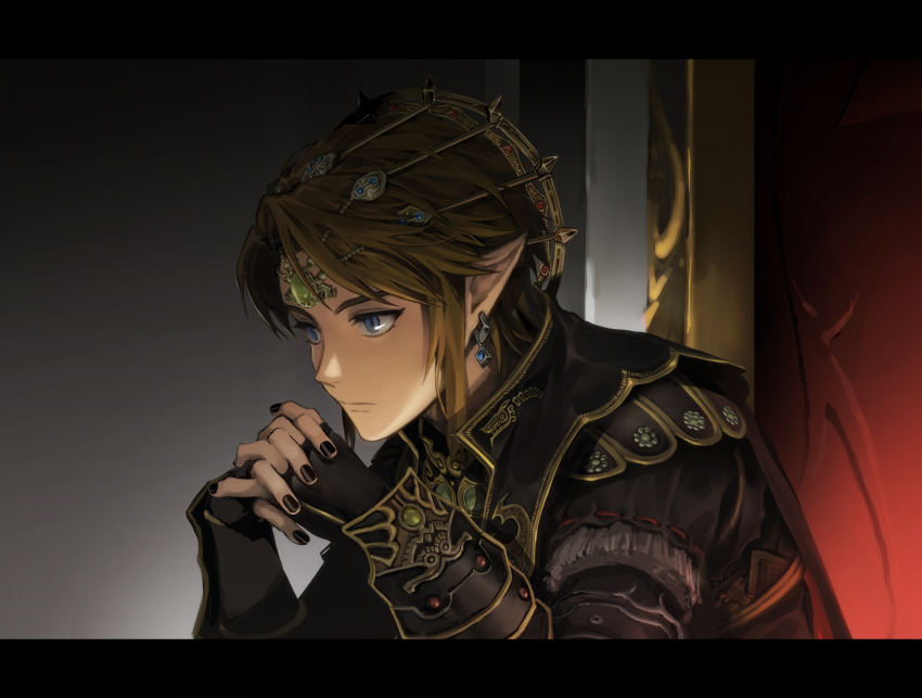 1boy alternate_costume black_gloves black_nails black_robe blonde_hair blue_eyes closed_mouth clothing_request commentary cosplay crown earrings english_commentary fingerless_gloves from_side ganondorf ganondorf_(cosplay) gloves gradient_background grey_background highres jewelry letterboxed link long_sleeves male_focus nail_polish nintendo pointy_ears robe short_hair sitting solo sophie_(693432) the_legend_of_zelda the_legend_of_zelda:_twilight_princess upper_body