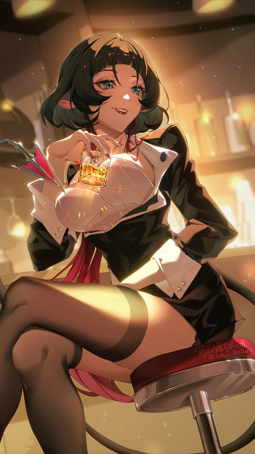 1girl animal_ears bar_(place) black_jacket black_thighhighs blunt_bangs breasts cup green_eyes green_hair highres holding holding_cup jacket jane_doe_(zenless_zone_zero) large_breasts light_particles long_hair looking_to_the_side mouse_ears mouse_girl mouse_tail multicolored_hair official_alternate_costume parted_lips red_hair sidelocks sitting smile so_zei_tama_tama solo tail thighhighs two-tone_hair zenless_zone_zero