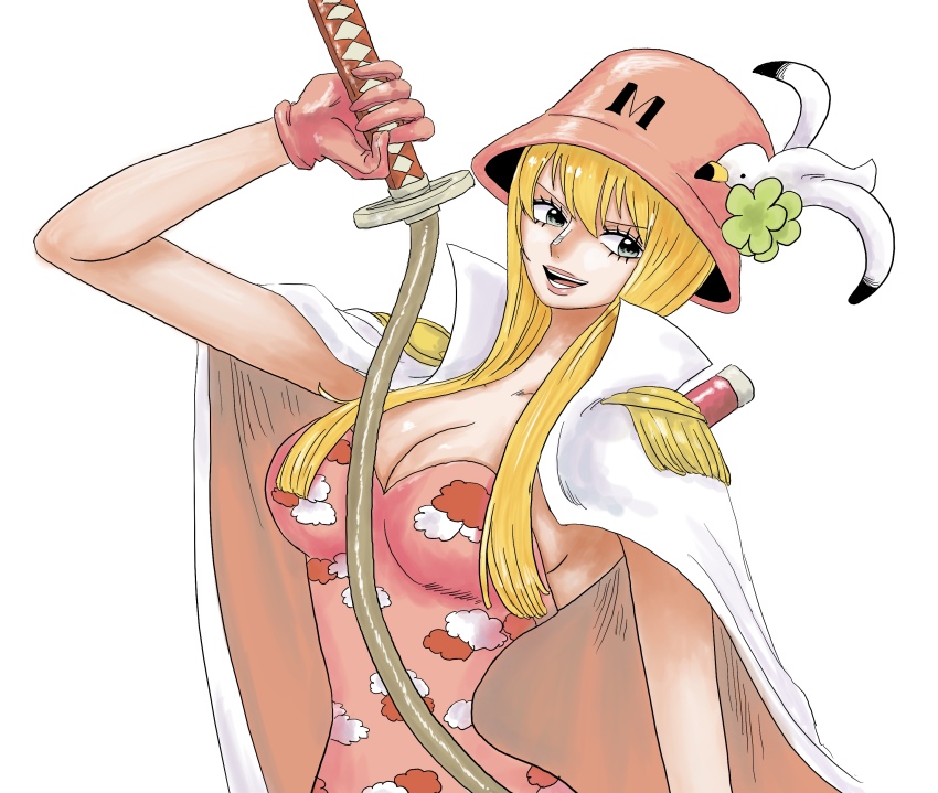 1girl absurdres blonde_hair blunt_bangs coat coat_on_shoulders commentary_request epaulettes flower gloves hat hat_flower highres holding holding_weapon holding_whip kujaku_(one_piece) long_hair namnam_op one_piece open_mouth pink_gloves pink_hat simple_background smile solo weapon white_background