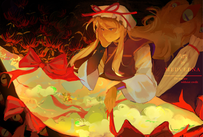 1girl blonde_hair broom broom_riding cloud flower hakurei_reimu hat hat_ribbon highres kirisame_marisa landscape long_hair long_sleeves looking_down lying mob_cap on_stomach parasol pokseu purple_eyes purple_tabard red_ribbon ribbon smile spider_lily surveillance tabard touhou umbrella very_long_hair white_sleeves yakumo_yukari