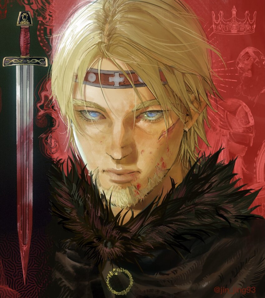 1boy bald beard blonde_hair blood bloody_weapon blue_eyes canute character_request close-up closed_mouth crown cuts facial_hair fur_collar helm helmet highres injury jing_wen king looking_at_viewer scar scar_on_face short_hair solo_focus sword viking vinland_saga weapon