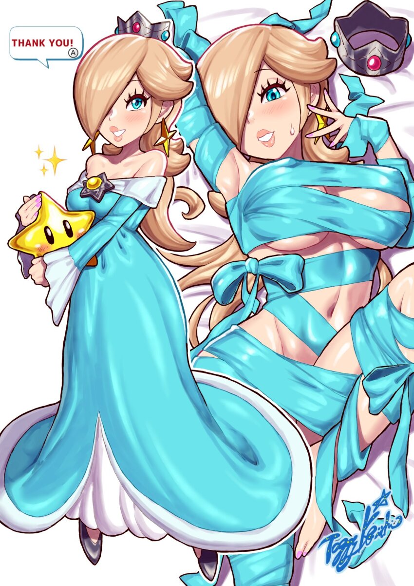 1girl aqua_dress aqua_ribbon blonde_hair blue_eyes blush brooch convenient_censoring crown dress hair_over_one_eye highres jewelry lying mario_(series) mini_crown multiple_views naked_ribbon nintendo ribbon rosalina star_(symbol) star_brooch star_symbol_background super_mario_galaxy super_star_(mario) toggy_keiichi