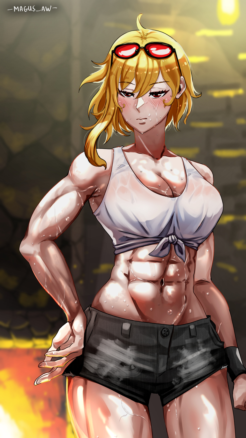 1girl abs absurdres backlighting blacksmith blonde_hair blush breasts cleavage collarbone commentary english_commentary eyelashes eyewear_on_head forge hand_on_own_hip highres hololive hololive_indonesia kaela_kovalskia large_breasts magus_aw medium_hair muscular muscular_female navel red-tinted_eyewear red_eyes shirt shorts signature solo sweat sweaty_clothes tank_top thighs tied_shirt tinted_eyewear very_sweaty virtual_youtuber white_tank_top