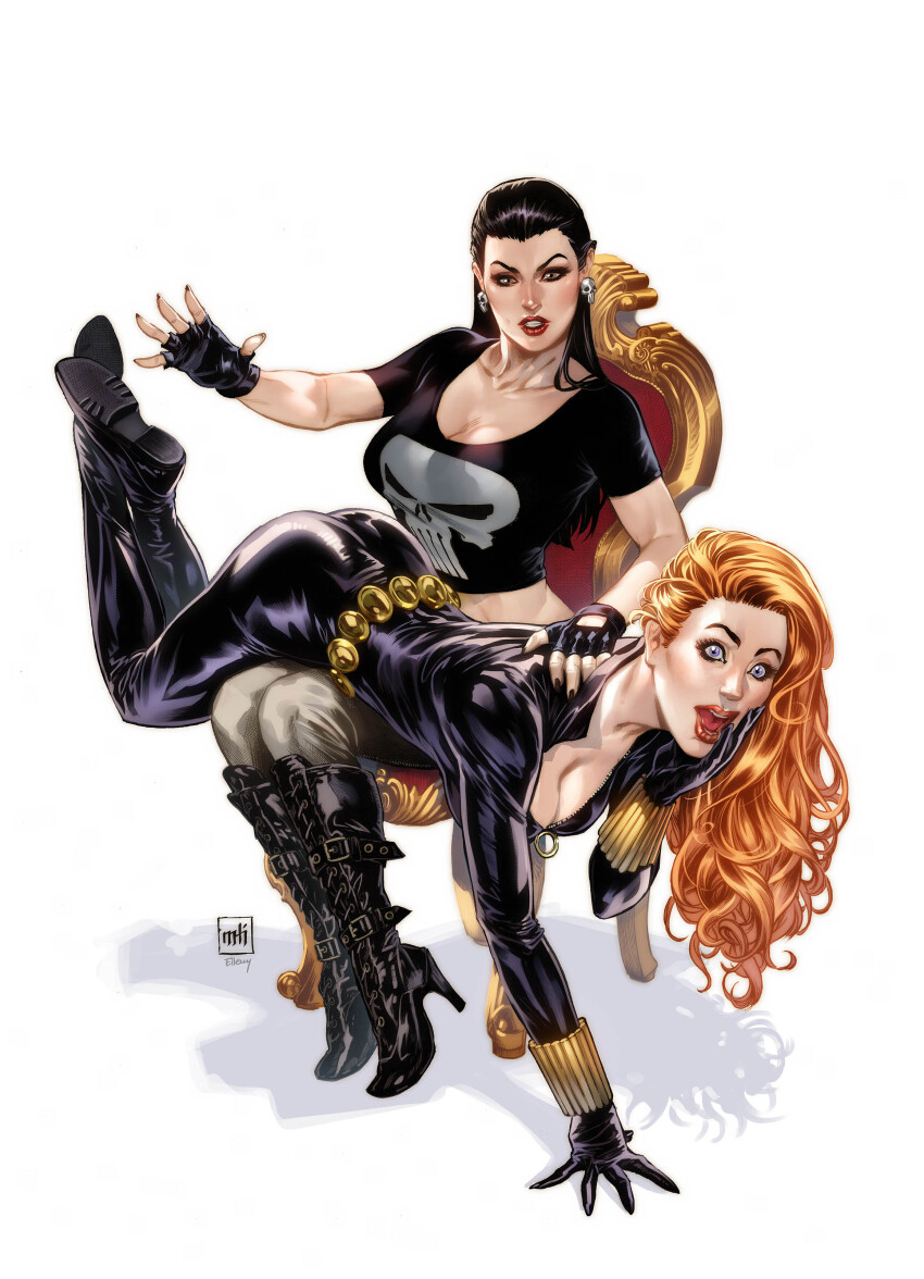 2girls absurdres black_bodysuit black_footwear black_gloves black_hair black_widow blue_eyes bodysuit boots breasts brown_eyes chain cleavage crop_top earrings fingerless_gloves genderswap genderswap_(mtf) gloves high_heel_boots high_heels highres jewelry long_hair lying lying_on_lap marvel mike_krome multiple_girls on_stomach orange_hair parted_lips print_shirt punisher red_lips shirt short_sleeves signature simple_background sitting skull_earrings skull_print spanking white_background yuri