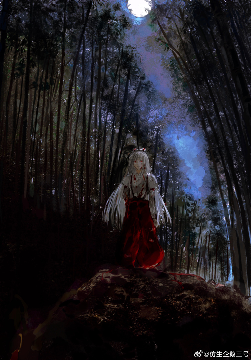 1girl baggy_pants bamboo bamboo_forest blunt_bangs bow chinese_commentary collared_shirt commentary_request fangsheng_qi&#039;e_sanhao forest fujiwara_no_mokou full_body full_moon hair_bow hand_on_own_hip highres juliet_sleeves long_hair long_sleeves looking_at_viewer moon nature night night_sky ofuda ofuda_on_clothes outdoors pants puffy_sleeves realistic red_eyes red_garter red_pants rock scenery shirt sky sleeve_garter solo standing suspenders touhou very_long_hair weibo_watermark white_bow white_hair white_shirt