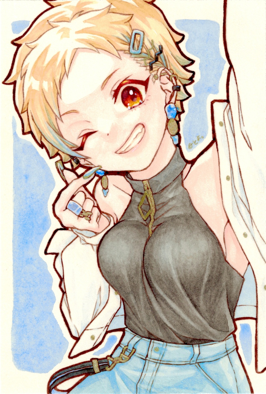 1girl absurdres arm_up armpits bare_shoulders black_shirt blonde_hair blue_background blue_nails commentary_request denim ear_piercing earrings eyelashes hair_ornament highres idolmaster idolmaster_cinderella_girls jacket jewelry nail_polish off_shoulder one_eye_closed open_clothes open_jacket orange_eyes outline piercing ring senzaki_ema shirt short_hair sleeveless sleeveless_shirt smile solo taidanotori teeth very_short_hair white_jacket white_outline