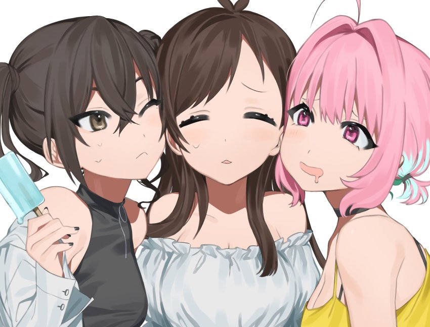 #unicus_(idolmaster) 3girls :&lt; ahoge bare_shoulders black_hair black_nails black_shirt blouse blue_hair brown_hair closed_mouth commentary_request food highres idolmaster idolmaster_cinderella_girls mole mole_under_eye multicolored_hair multiple_girls nail_polish open_mouth pink_eyes pink_hair popsicle saliva shirt sunazuka_akira sweat tsujino_akari twintails white_background yami_ga_fukami yellow_shirt yumemi_riamu