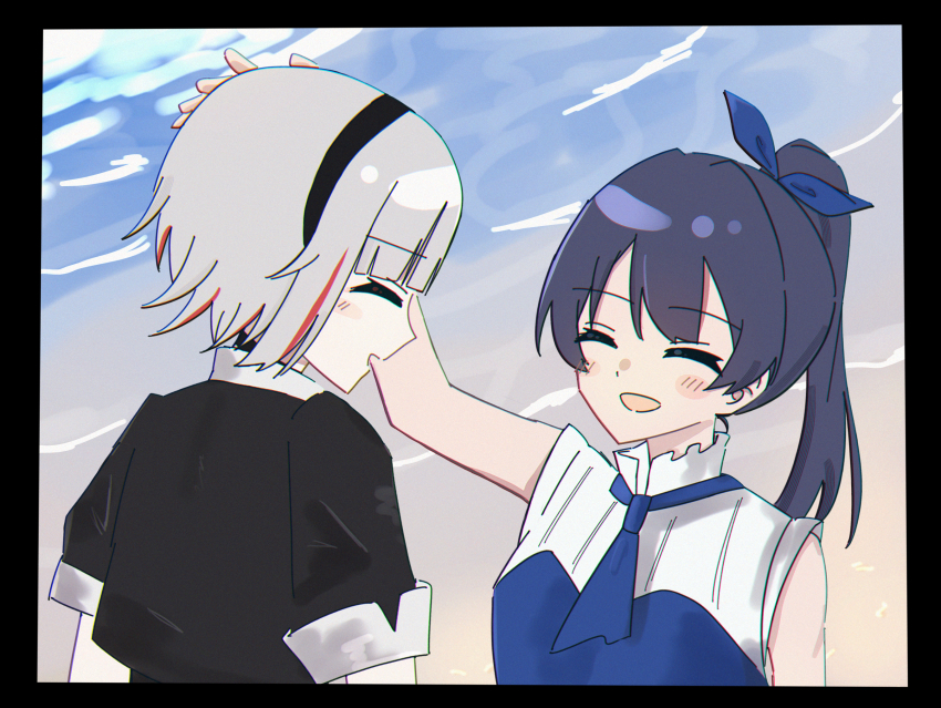 2girls :d ^_^ beach black_border black_choker black_dress black_hairband black_jacket blue_hair blue_necktie bob_cut border choker closed_eyes commentary_request dollchestra dress facing_another grey_hair hairband headpat high_ponytail highres inverted_bob jacket link!_like!_love_live! lone_nape_hair long_hair love_live! magu_(cv_mgmgcup) multicolored_hair multiple_girls murano_sayaka necktie official_alternate_costume official_alternate_hairstyle open_mouth outdoors ponytail profile proof_(love_live!) red_hair short-sleeved_jacket short_hair short_sleeves sleeveless sleeveless_dress smile streaked_hair upper_body virtual_youtuber yugiri_tsuzuri